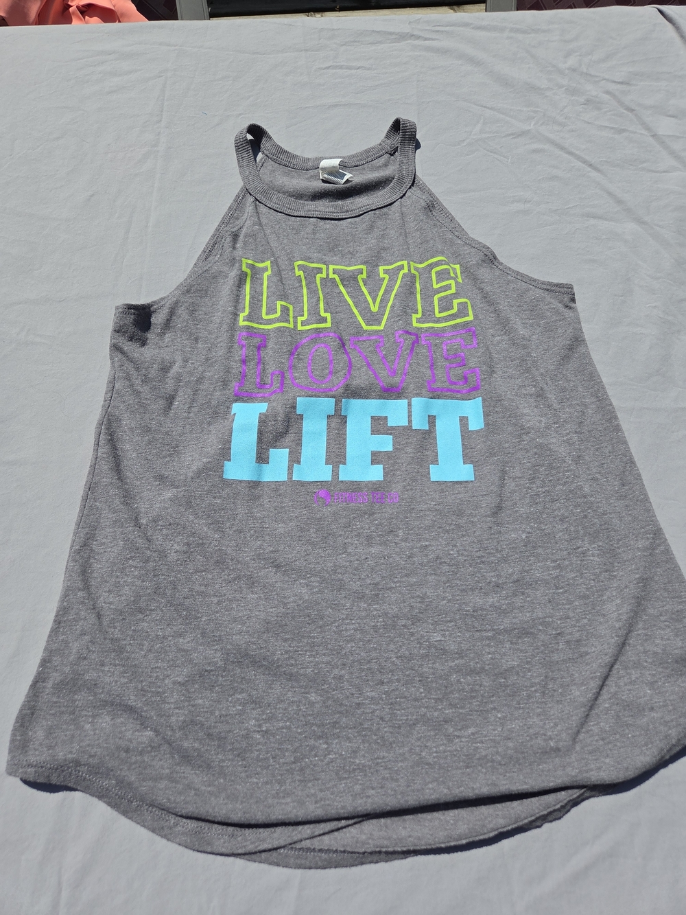 Fitness Tee Co Live Love Lift Gray Rocker Tank L GUC